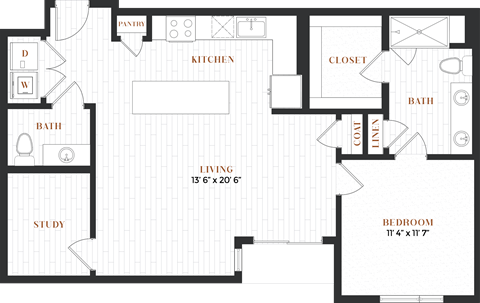 Floor plan for 1 bed, 1.5 baths, 962 sqft